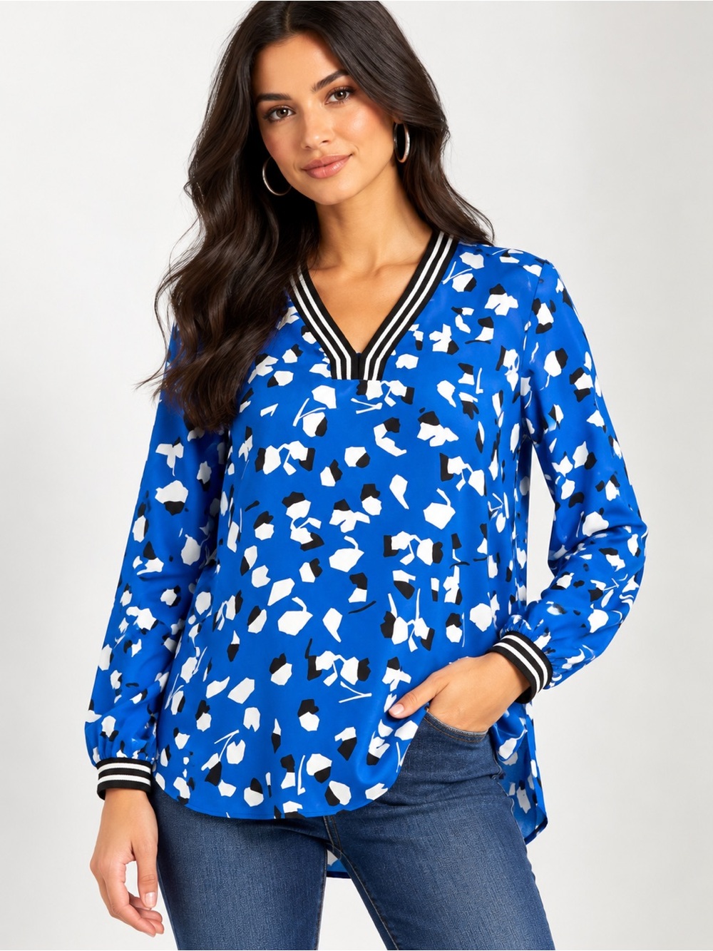 Alfani Women’s XL Blue Abstract Print V-Neck Long Sleeve Blouse